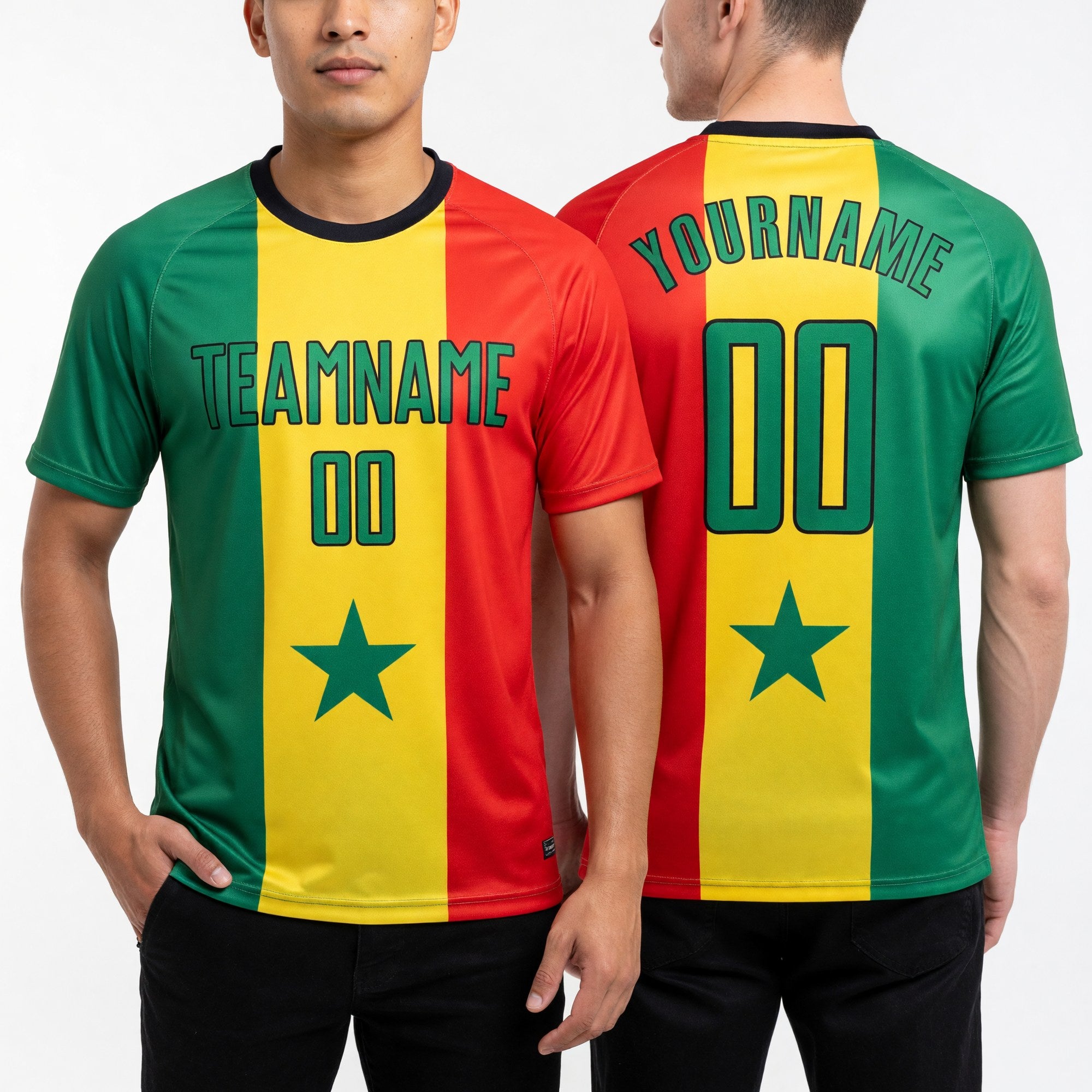 Custom Gold Kelly Green Red-Black Sublimation Senegalese Flag Soccer Uniform Jersey worn front and back