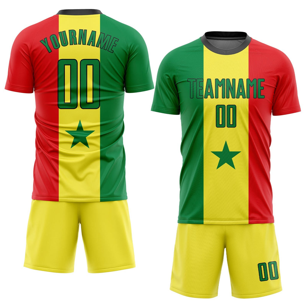 Custom Gold Kelly Green Red-Black Sublimation Senegalese Flag Soccer Uniform Jersey photo 2