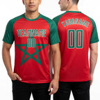 Custom Red Kelly Green-White Sublimation Moroccan Flag Soccer Uniform Jersey worn front and back