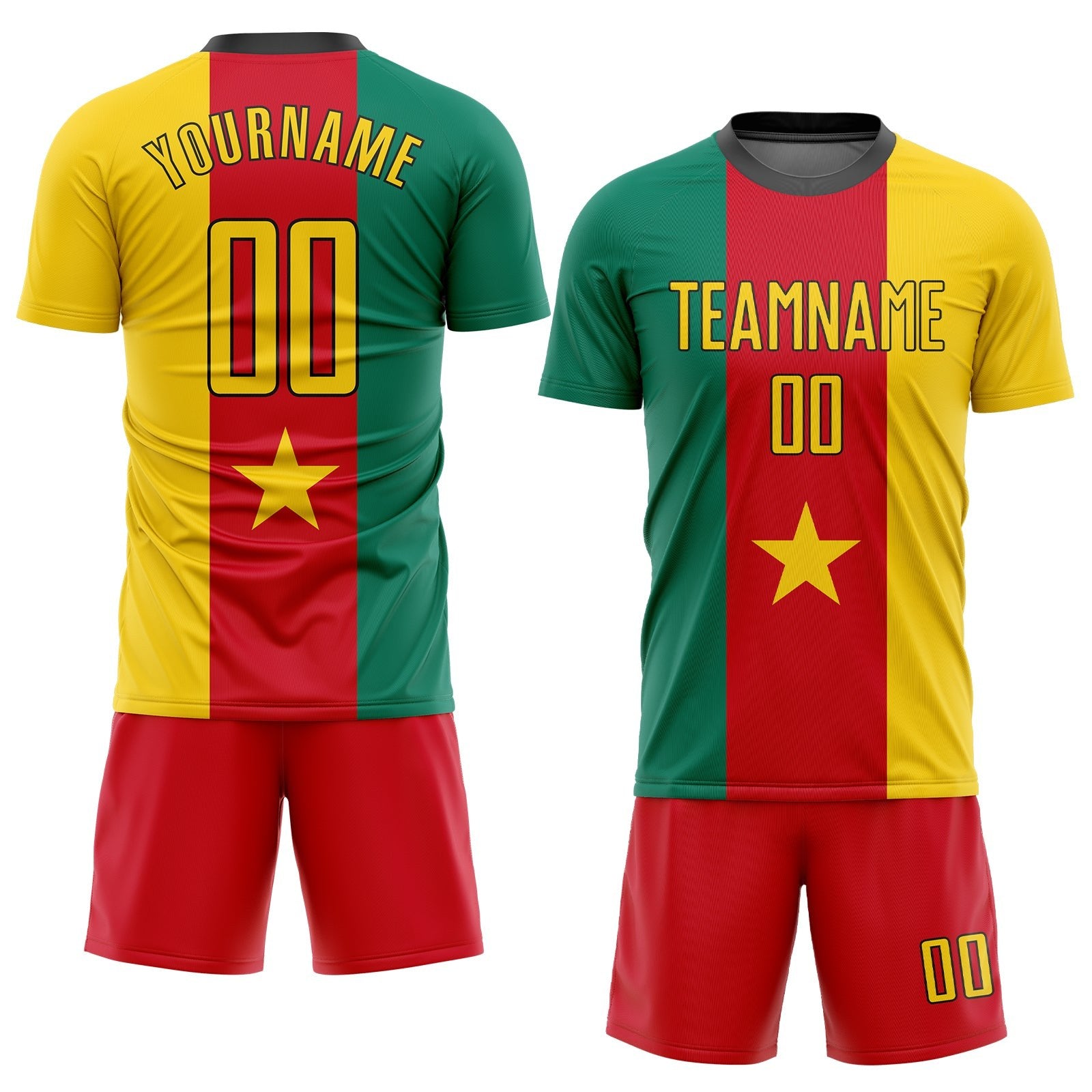 Custom Kelly Green Gold Red-Black Sublimation Cameroonian Flag Soccer Uniform Jersey photo 2