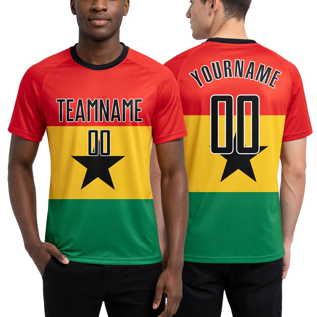 Custom Red Black Gold-Kelly Green Sublimation Ghanaian Flag Soccer Uniform Jersey worn front and back