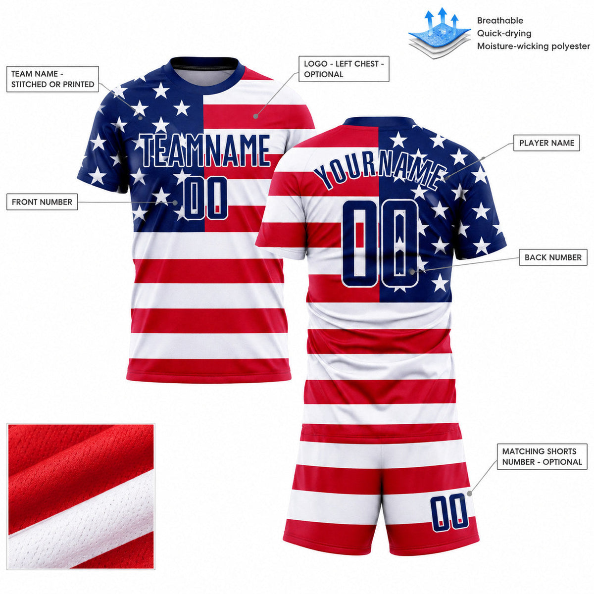 Custom Red American Flag Sublimated Soccer Jersey with Royal and White Lettering customization guide