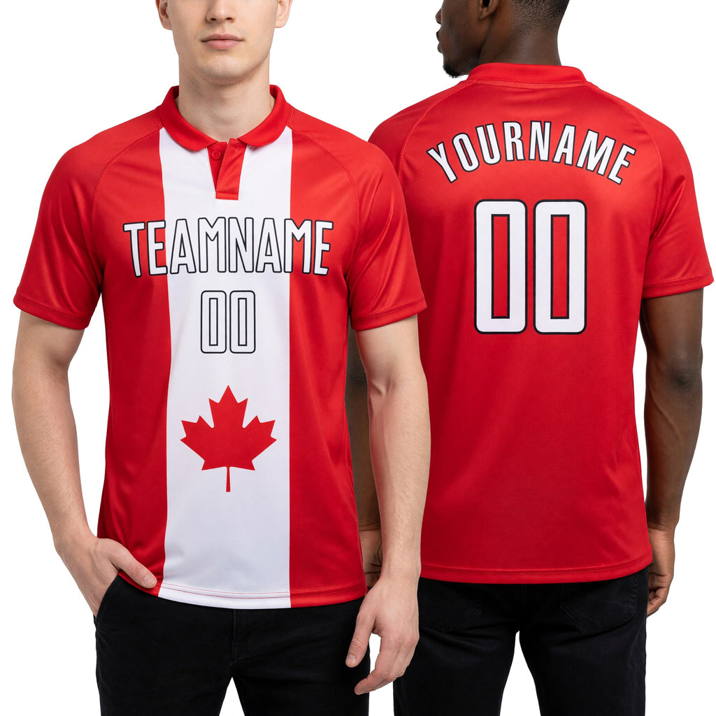 Custom Red White-Black Sublimation Canadian Flag Soccer Uniform Jersey worn front and back