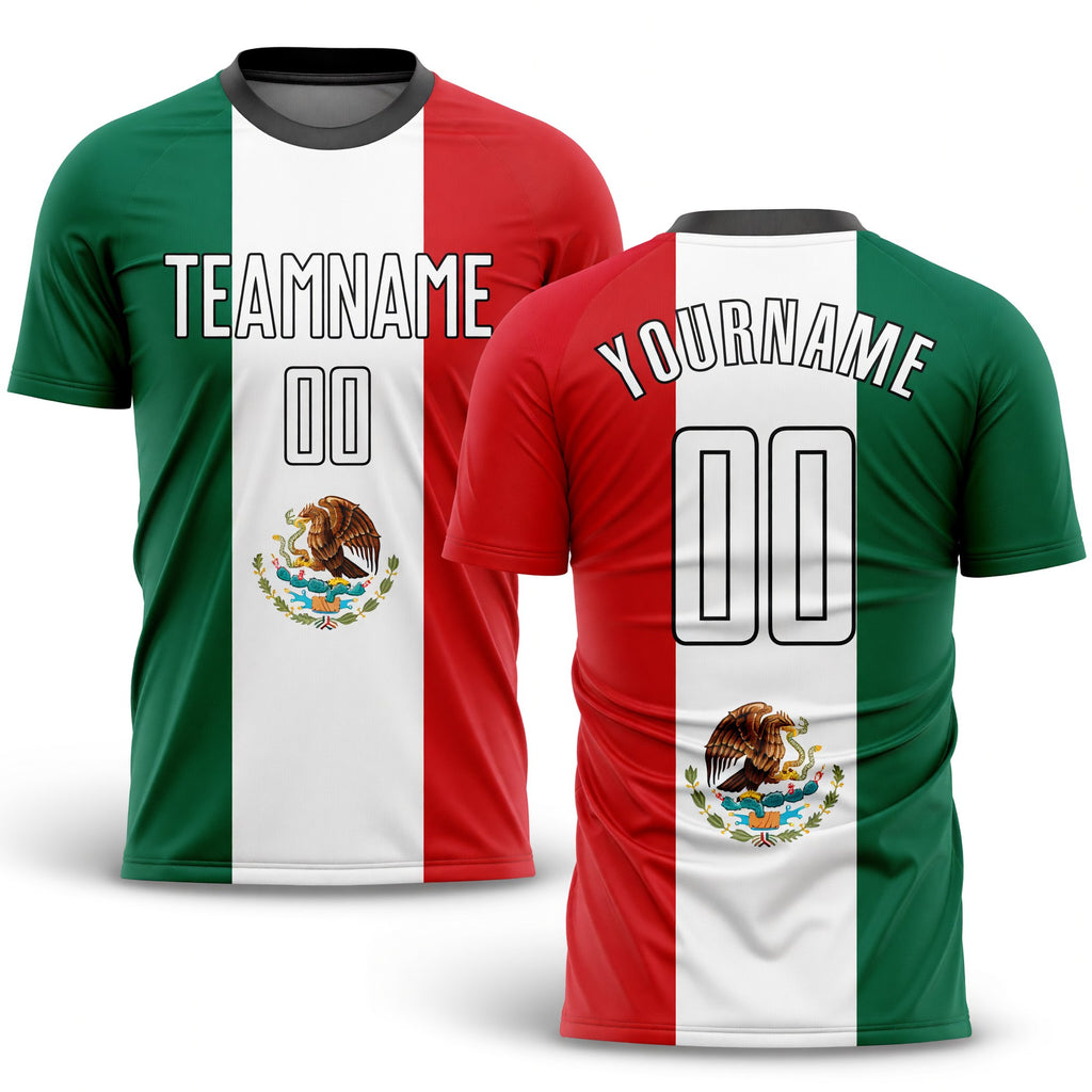 Custom Kelly Green White Red-Black Sublimation Mexican Flag Soccer Uniform Jersey