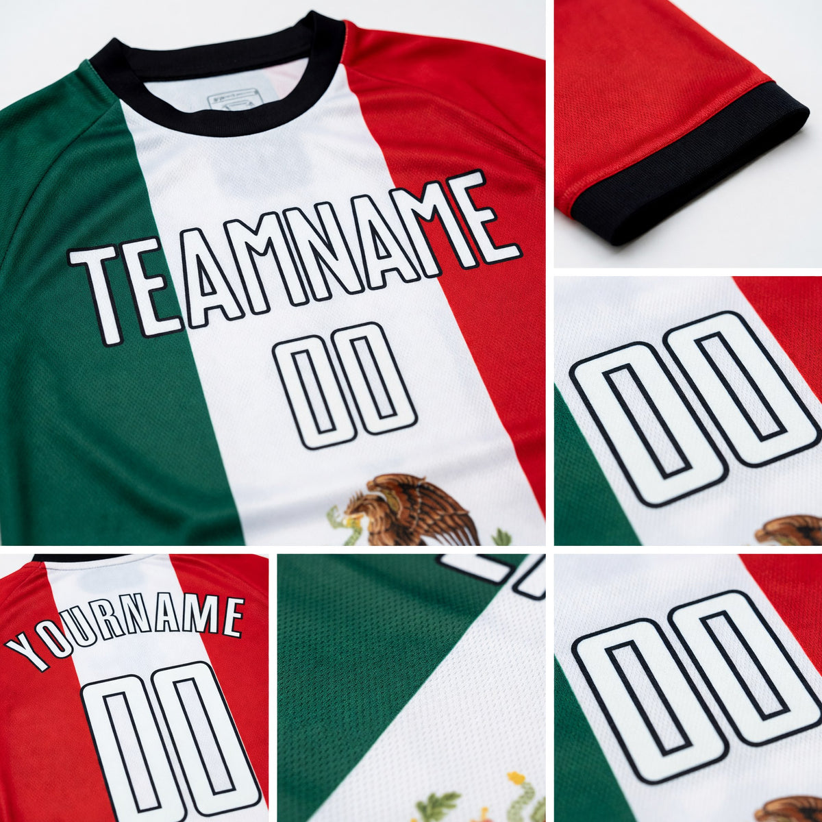 Custom Kelly Green White Red-Black Sublimation Mexican Flag Soccer Uniform Jersey detail
