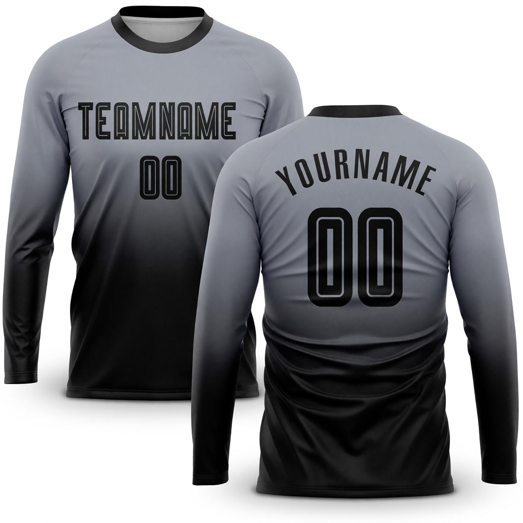 Custom Gray Black Sublimation Long Sleeve Fade Fashion Soccer Uniform Jersey
