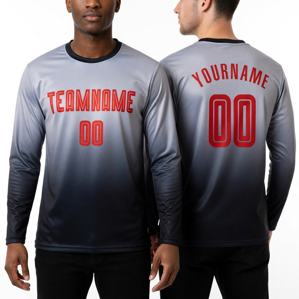 Custom Gray Red-Black Sublimation Long Sleeve Fade Fashion Soccer Uniform Jersey worn front and back