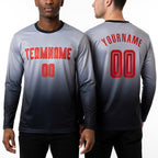 Custom Gray Red-Black Sublimation Long Sleeve Fade Fashion Soccer Uniform Jersey worn front and back