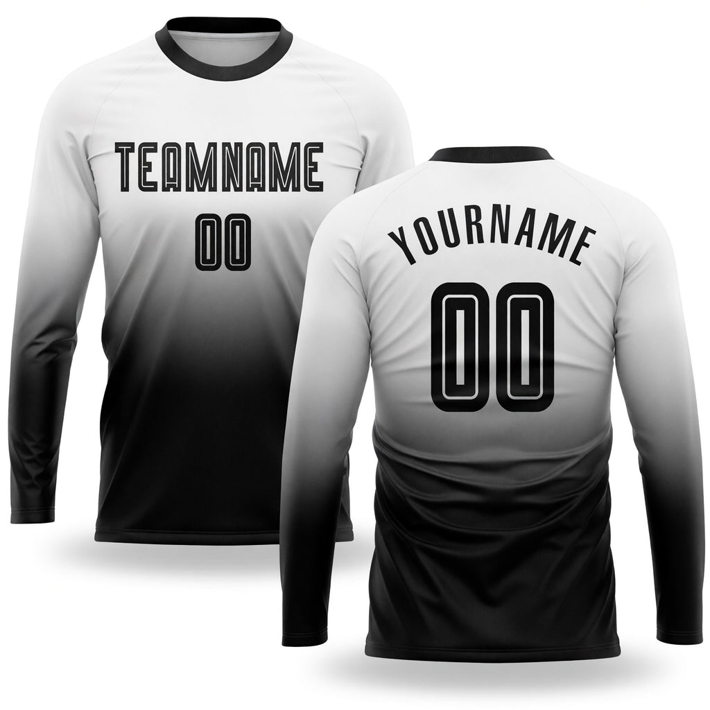 Custom White Black Sublimation Long Sleeve Fade Fashion Soccer Uniform Jersey