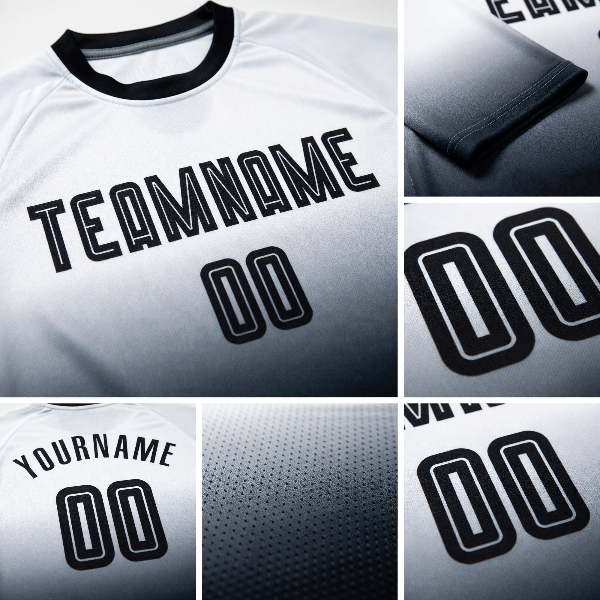 Custom White Black Sublimation Long Sleeve Fade Fashion Soccer Uniform Jersey detail