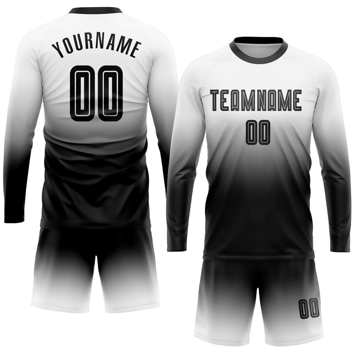 Custom White Black Sublimation Long Sleeve Fade Fashion Soccer Uniform Jersey photo 2