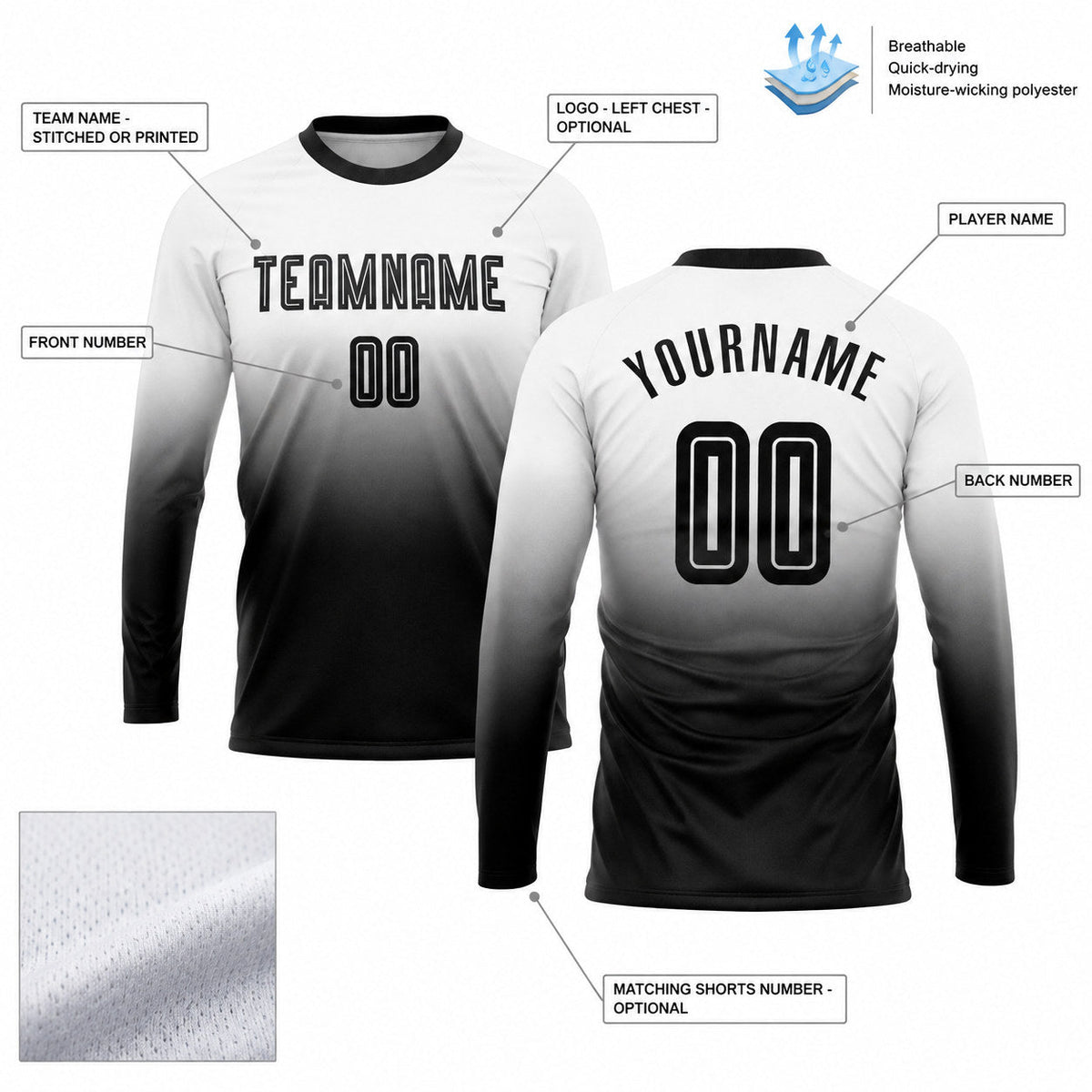 Custom White Fade Long Sleeve Sublimated Soccer Jersey with Black Lettering customization guide