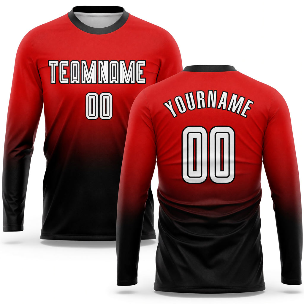 Custom Red White-Black Sublimation Long Sleeve Fade Fashion Soccer Uniform Jersey