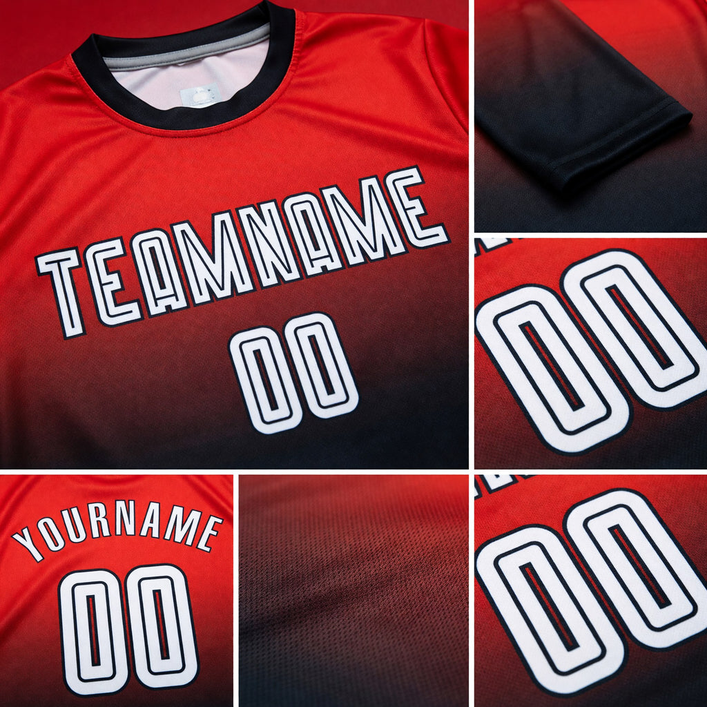 Custom Red White-Black Sublimation Long Sleeve Fade Fashion Soccer Uniform Jersey detail