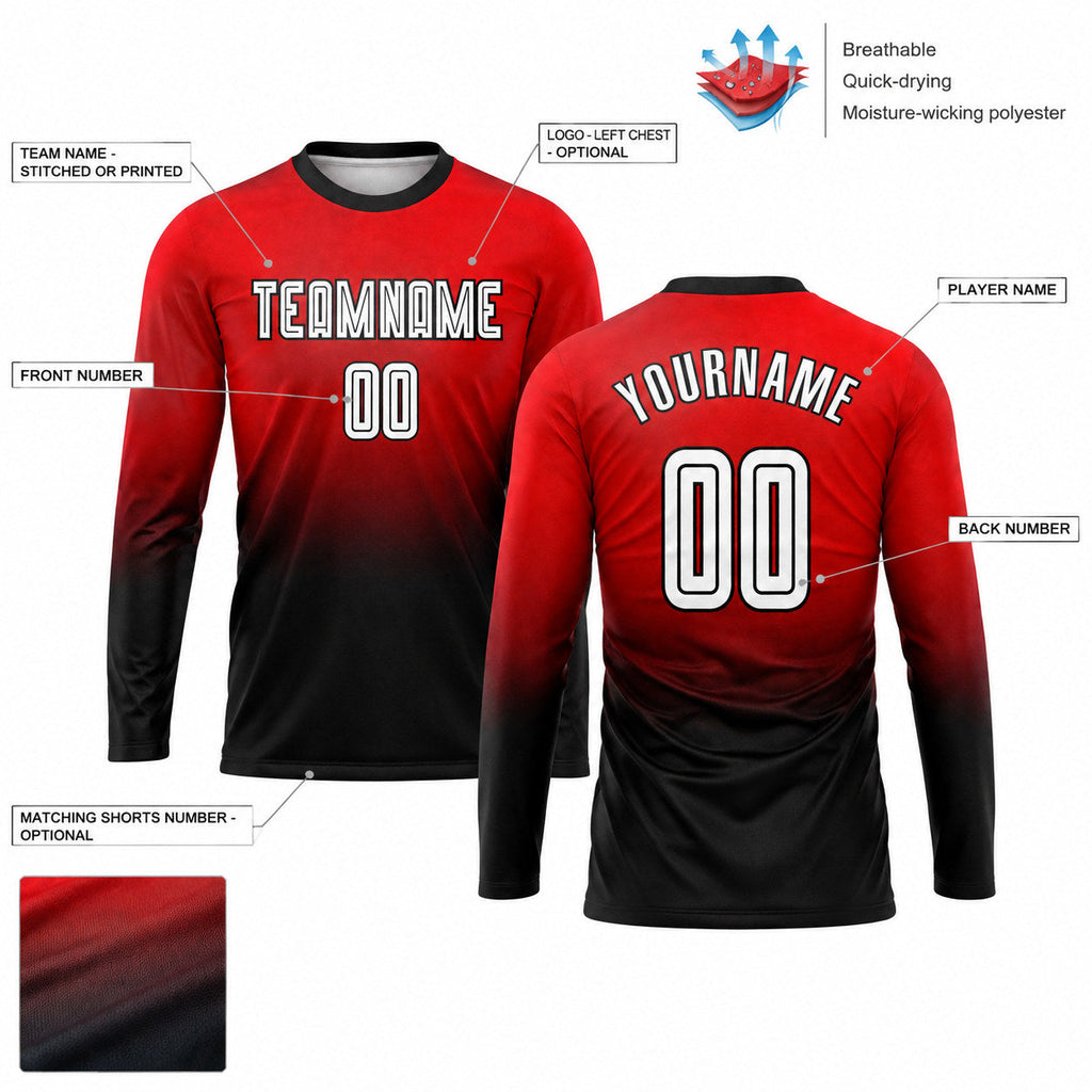 Custom Red Fade Long Sleeve Sublimated Soccer Jersey with White and Black Lettering customization guide