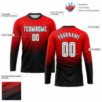 Custom Red Fade Long Sleeve Sublimated Soccer Jersey with White and Black Lettering customization guide