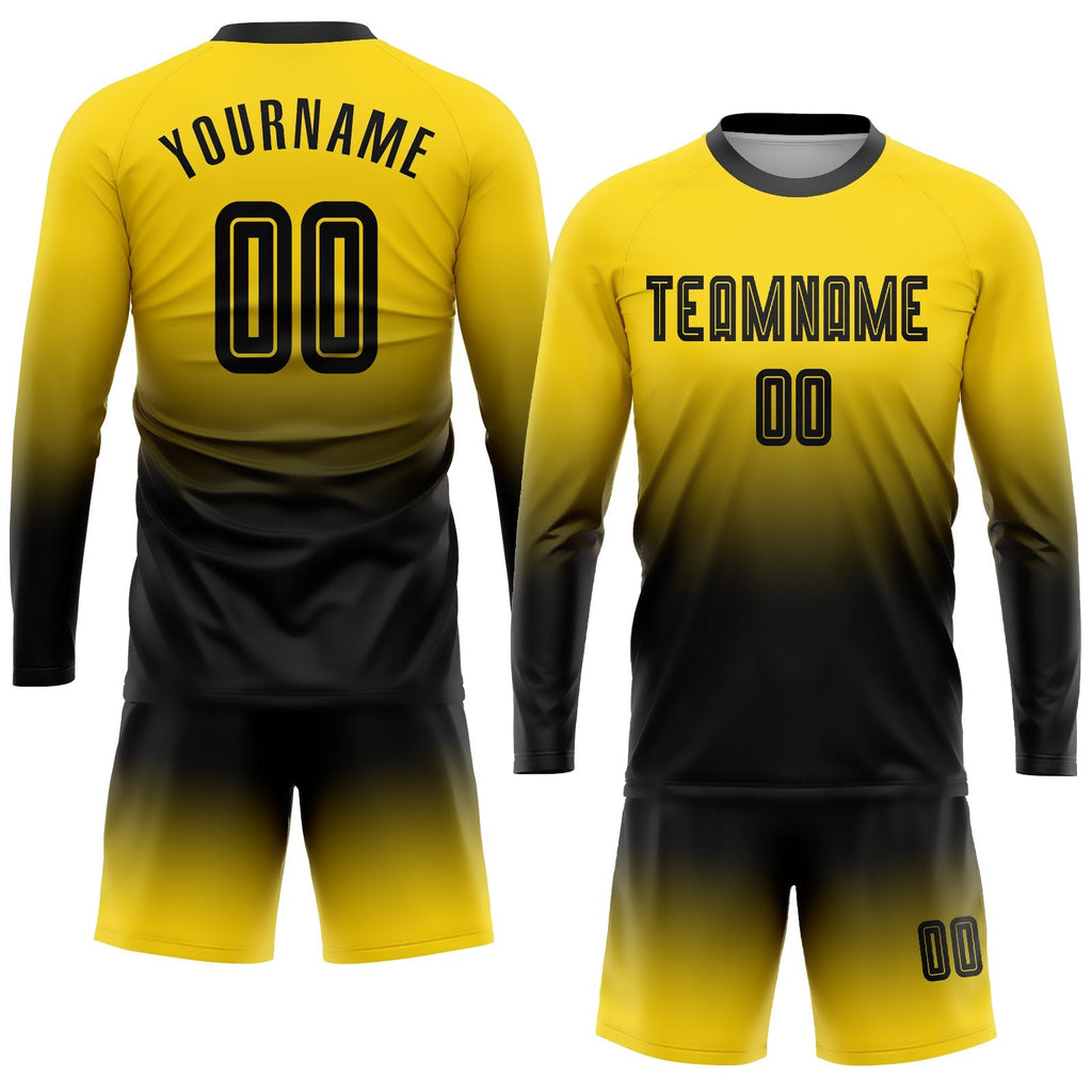 Custom Gold Black Sublimation Long Sleeve Fade Fashion Soccer Uniform Jersey photo 2