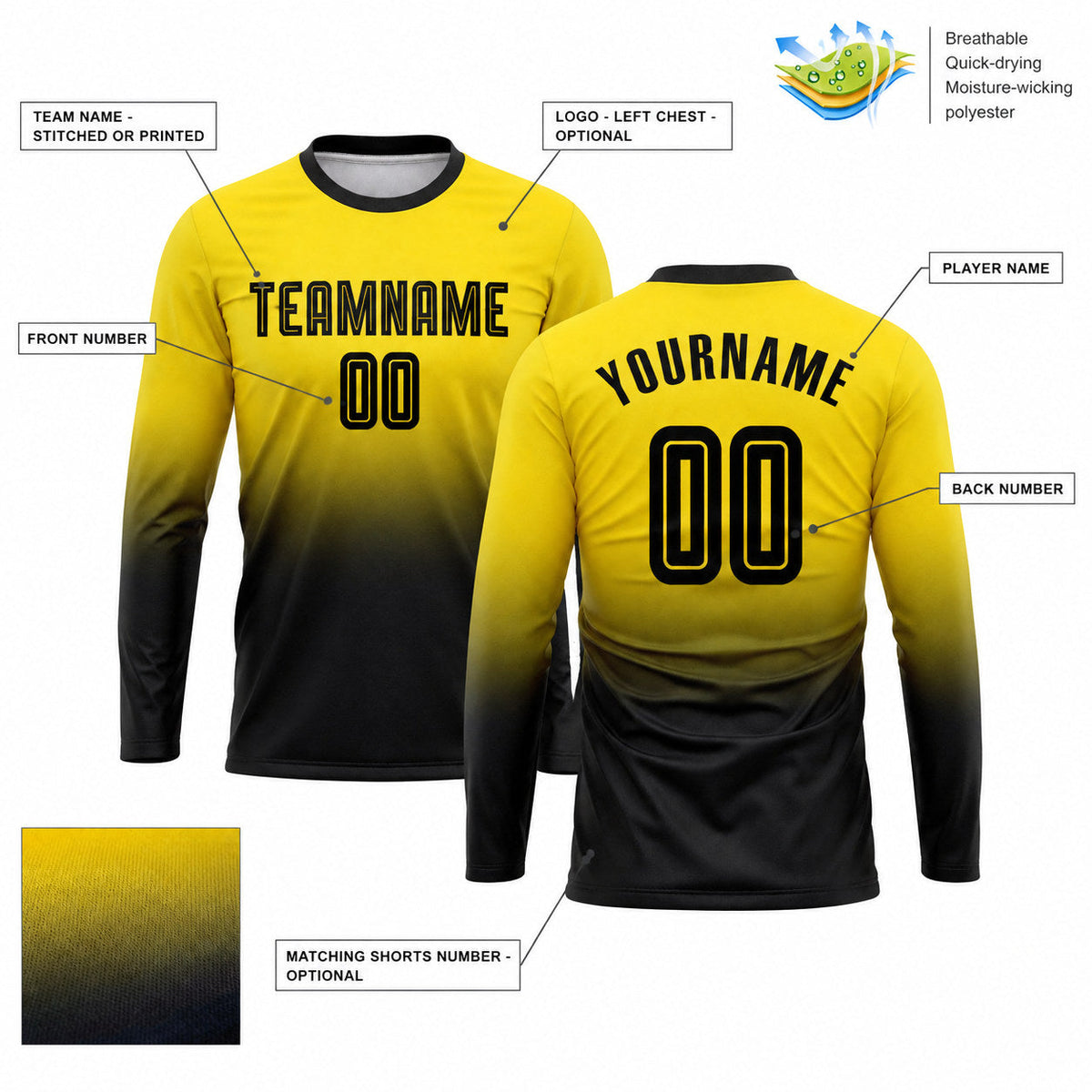 Custom Gold Fade Long Sleeve Sublimated Soccer Jersey with Black Lettering Design 0388 customization guide