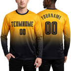 Custom Gold Black Sublimation Long Sleeve Fade Fashion Soccer Uniform Jersey worn front and back