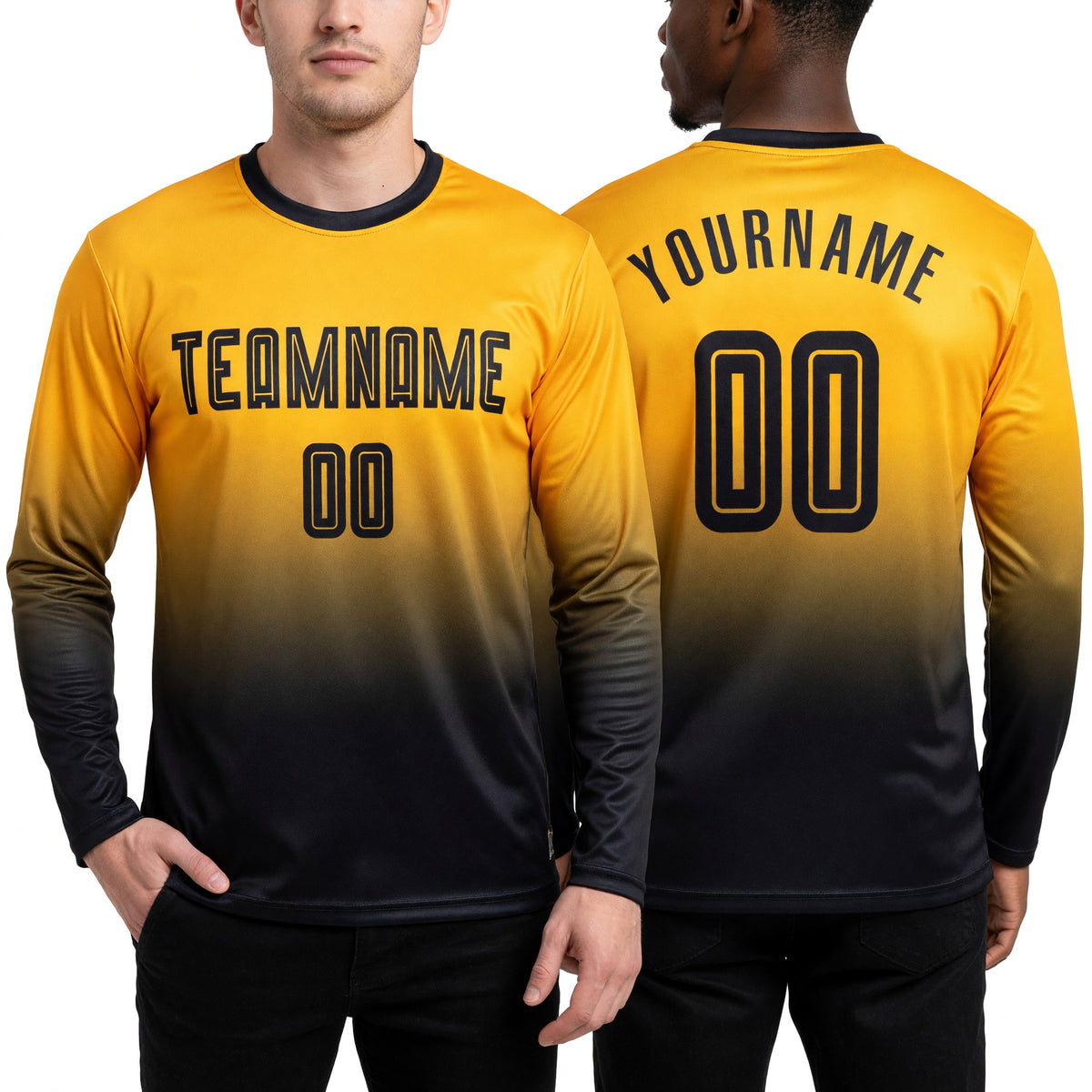 Custom Gold Black Sublimation Long Sleeve Fade Fashion Soccer Uniform Jersey worn front and back