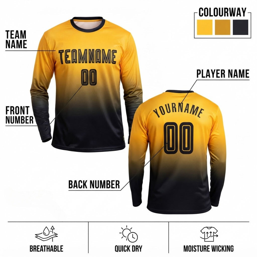 Custom Gold Fade Long Sleeve Sublimated Soccer Jersey with Black Lettering Design 0389 customization guide