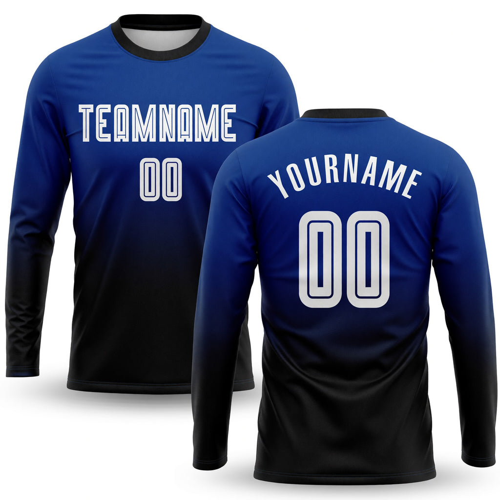Custom Royal White-Black Sublimation Long Sleeve Fade Fashion Soccer Uniform Jersey