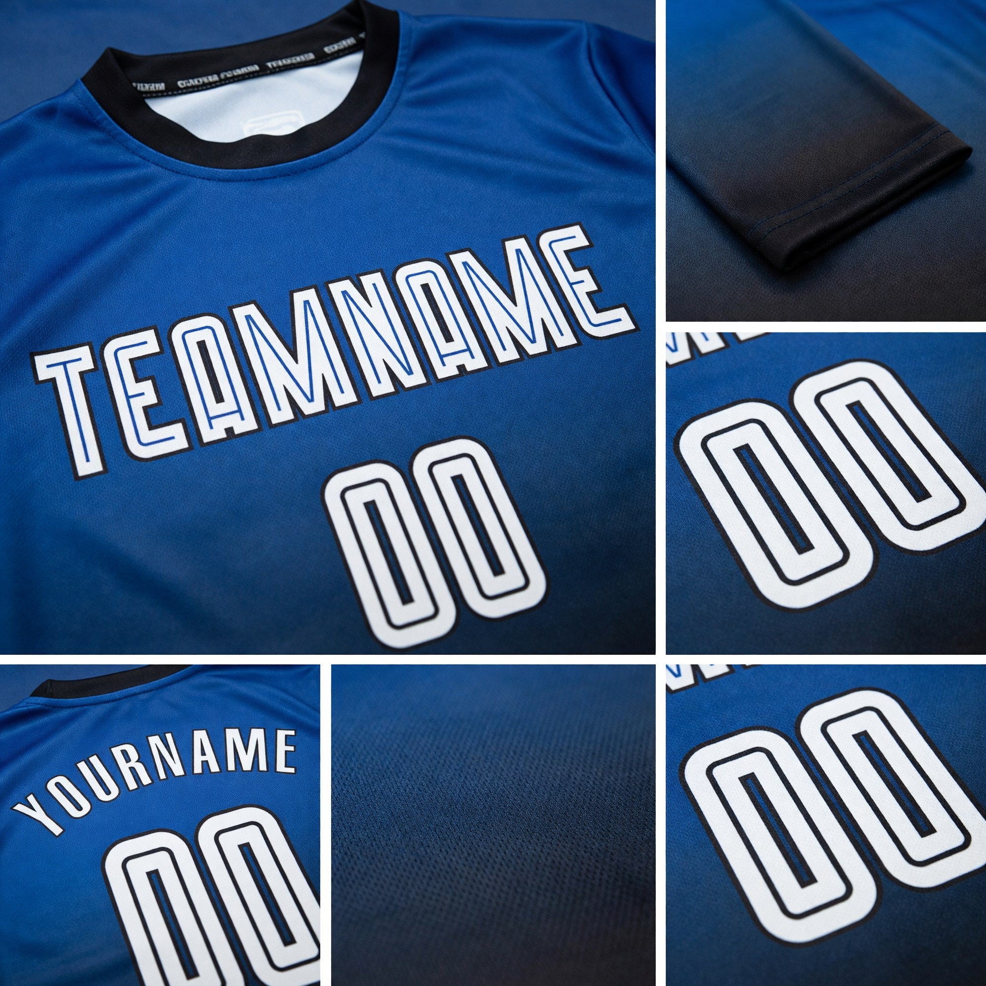 Custom Royal White-Black Sublimation Long Sleeve Fade Fashion Soccer Uniform Jersey detail