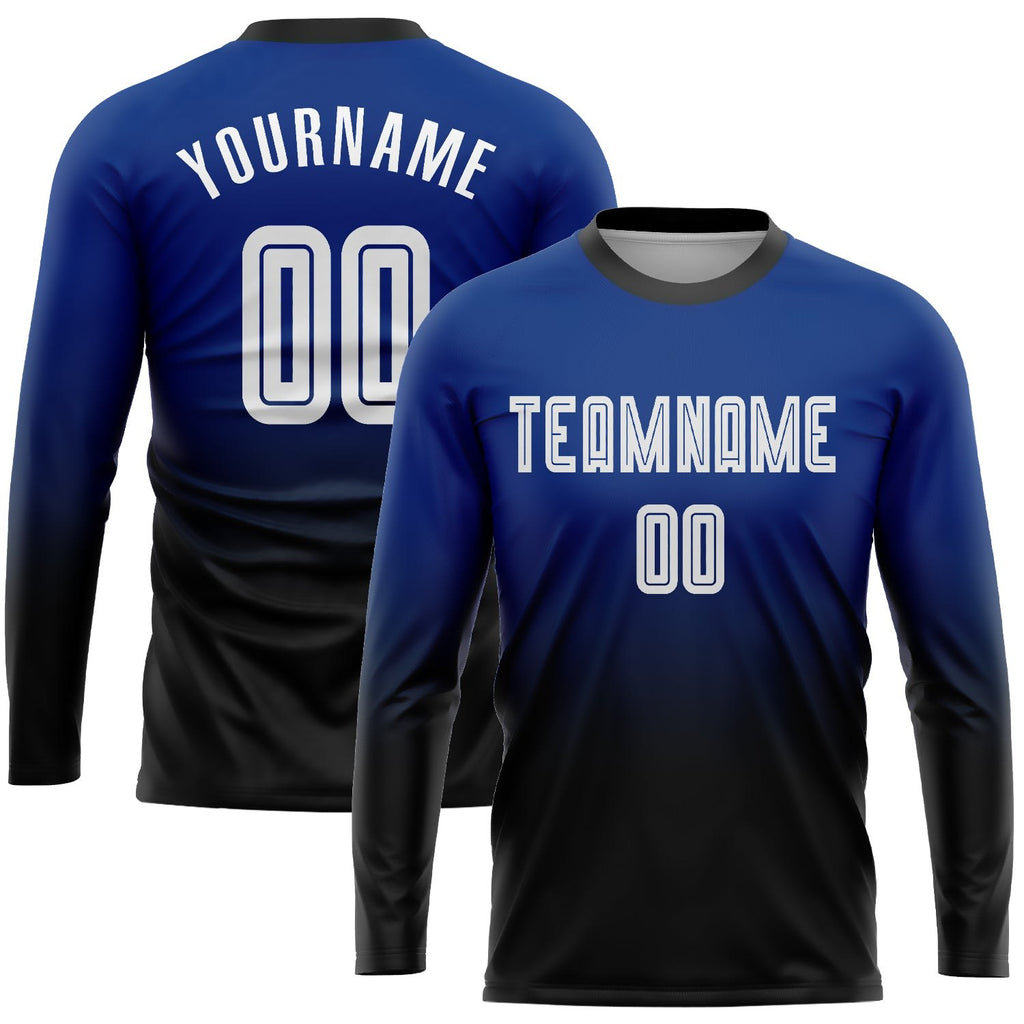 Custom Royal White-Black Sublimation Long Sleeve Fade Fashion Soccer Uniform Jersey photo 1