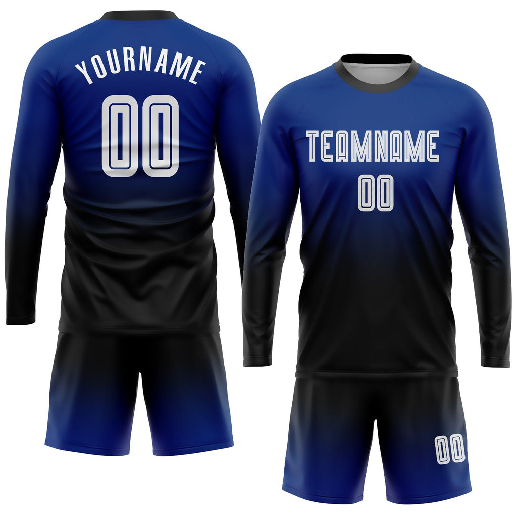 Custom Royal White-Black Sublimation Long Sleeve Fade Fashion Soccer Uniform Jersey photo 2
