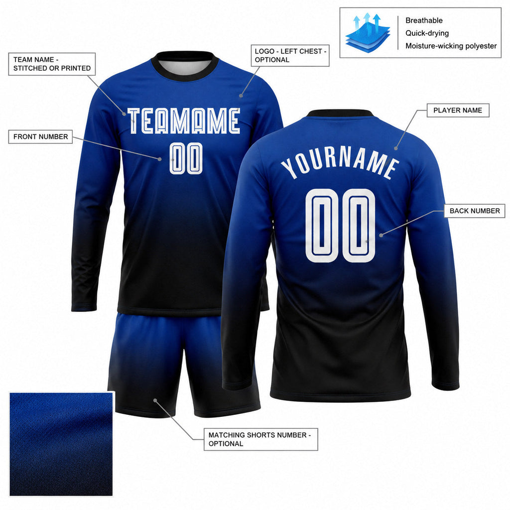 Custom Royal Fade Long Sleeve Sublimated Soccer Jersey with White and Black Lettering customization guide