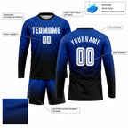 Custom Royal Fade Long Sleeve Sublimated Soccer Jersey with White and Black Lettering customization guide