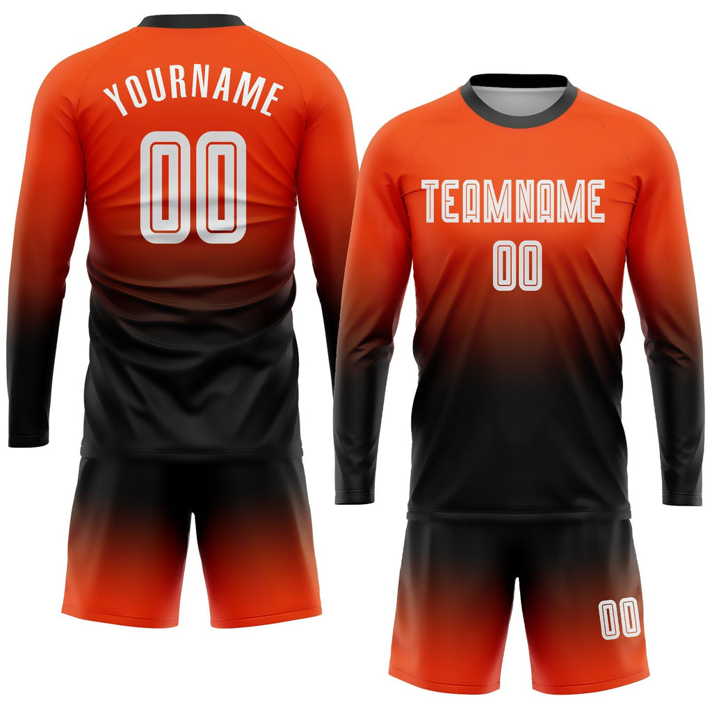 Custom Orange White-Black Sublimation Long Sleeve Fade Fashion Soccer Uniform Jersey photo 2