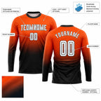 Custom Orange Fade Long Sleeve Sublimated Soccer Jersey with White and Black Lettering customization guide