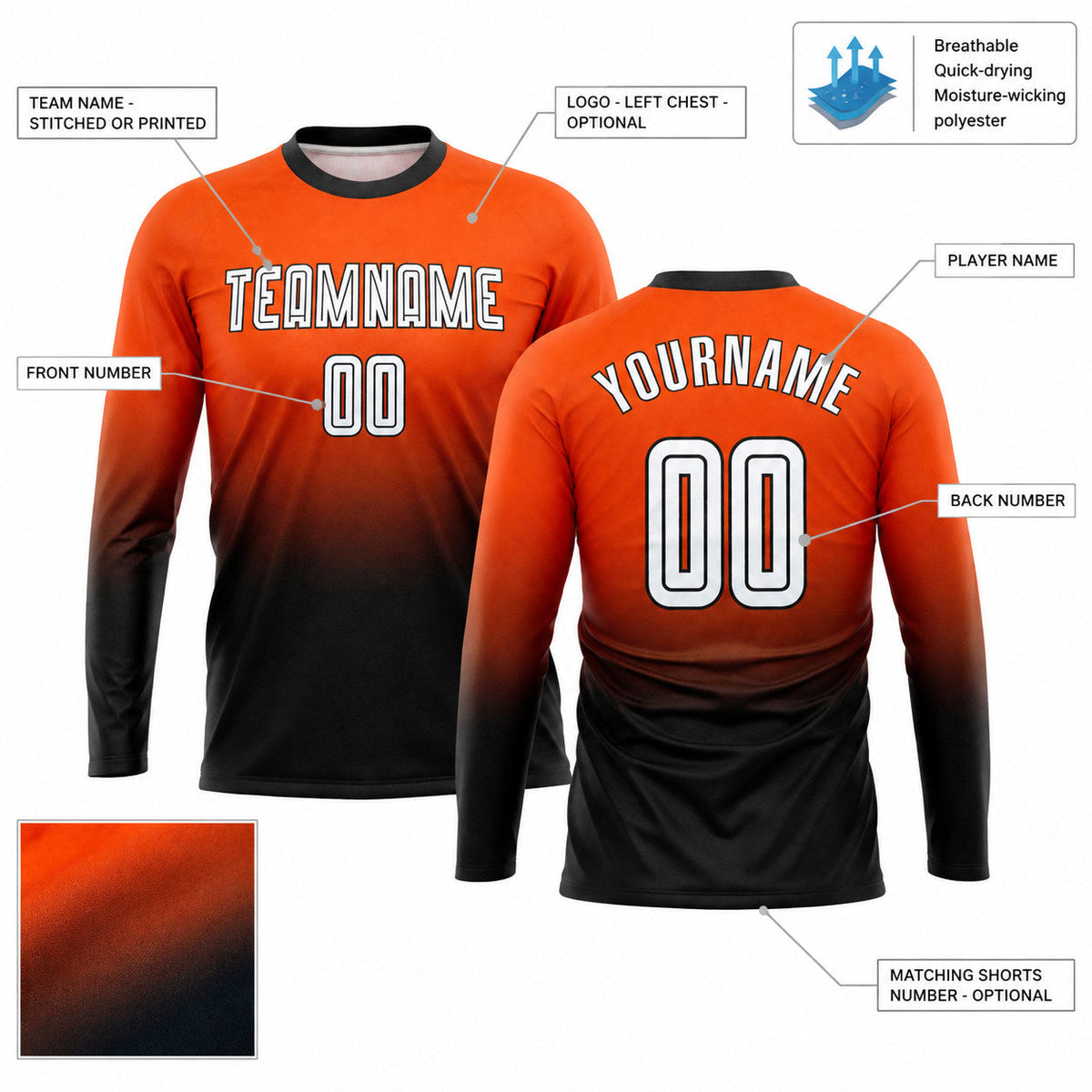 Custom Orange Fade Long Sleeve Sublimated Soccer Jersey with White and Black Lettering customization guide