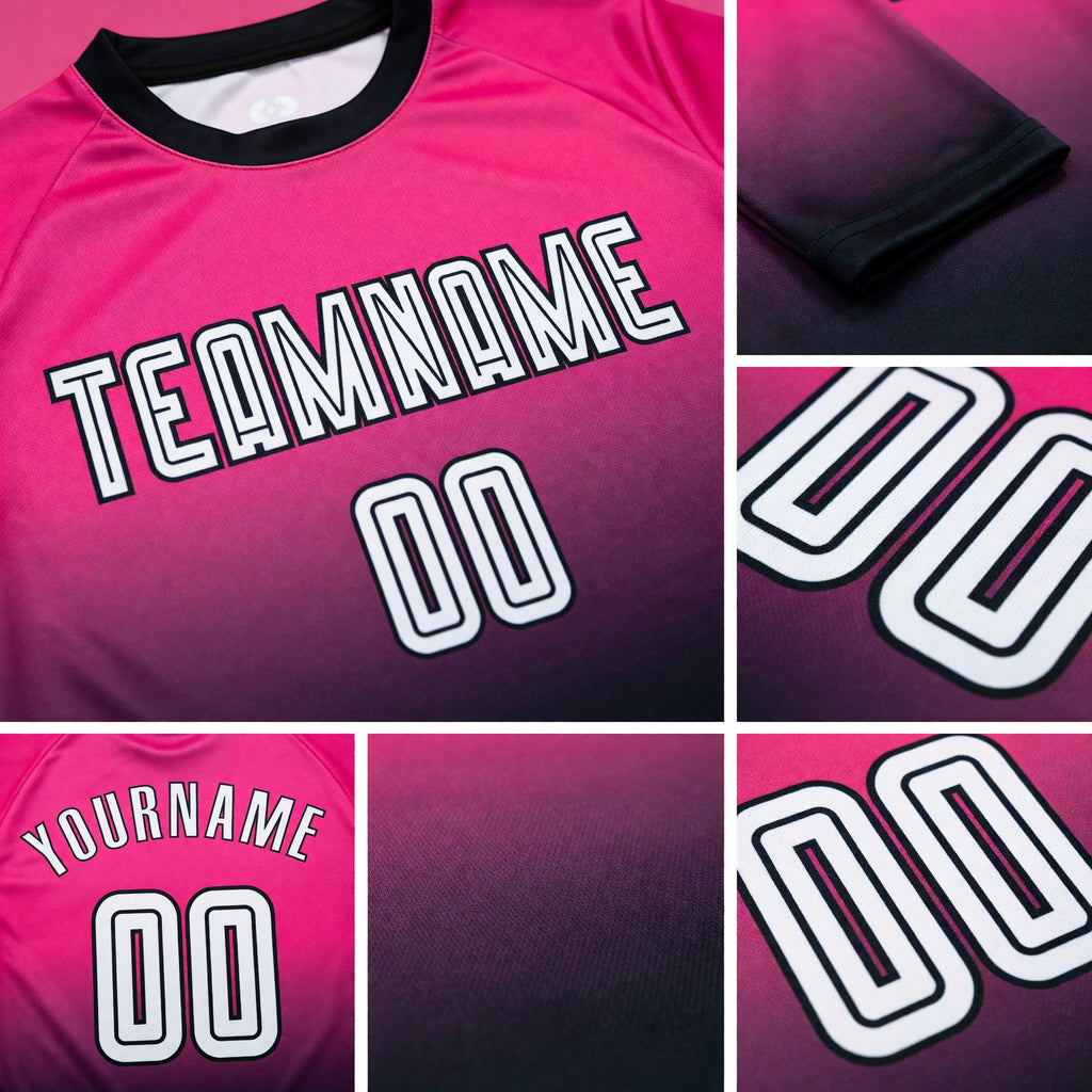 Custom Pink White-Black Sublimation Long Sleeve Fade Fashion Soccer Uniform Jersey detail