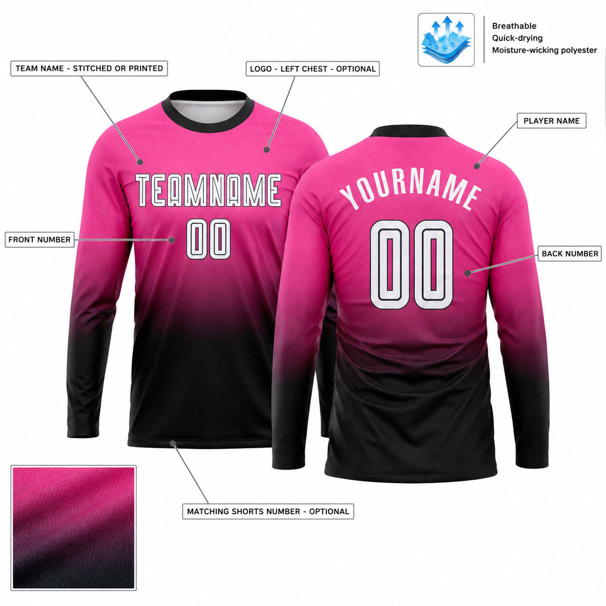Custom Pink Fade Long Sleeve Sublimated Soccer Jersey with White and Black Lettering customization guide
