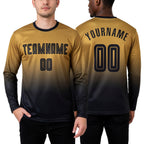 Custom Old Gold Black Sublimation Long Sleeve Fade Fashion Soccer Uniform Jersey worn front and back
