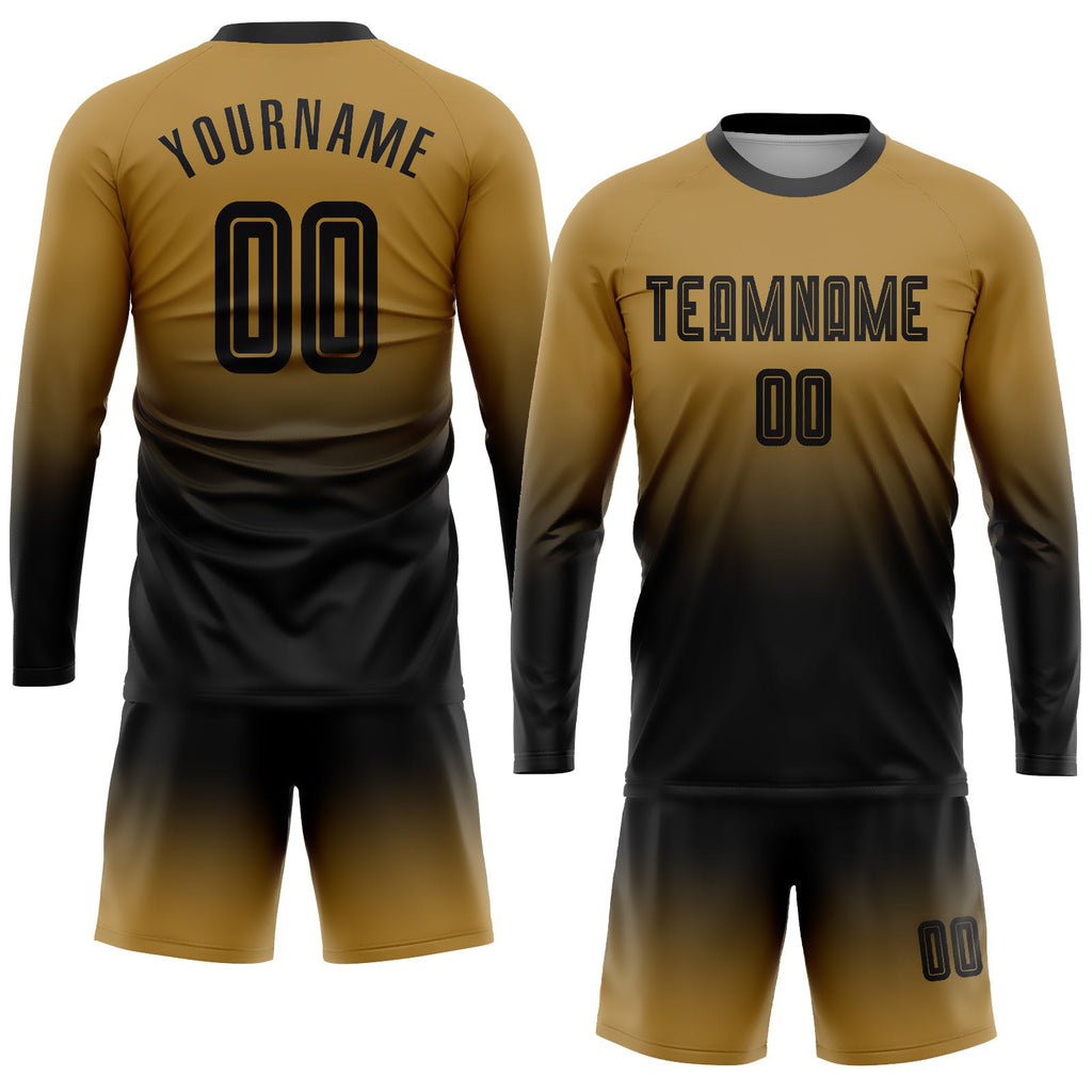 Custom Old Gold Black Sublimation Long Sleeve Fade Fashion Soccer Uniform Jersey photo 2