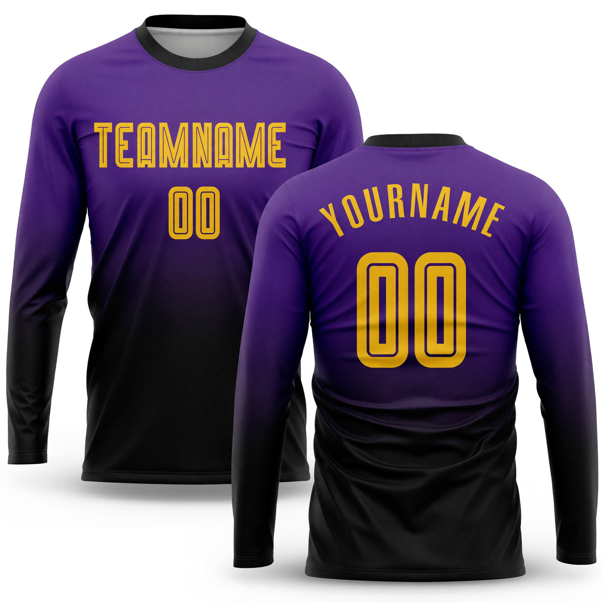 Custom Purple Gold-Black Sublimation Long Sleeve Fade Fashion Soccer Uniform Jersey
