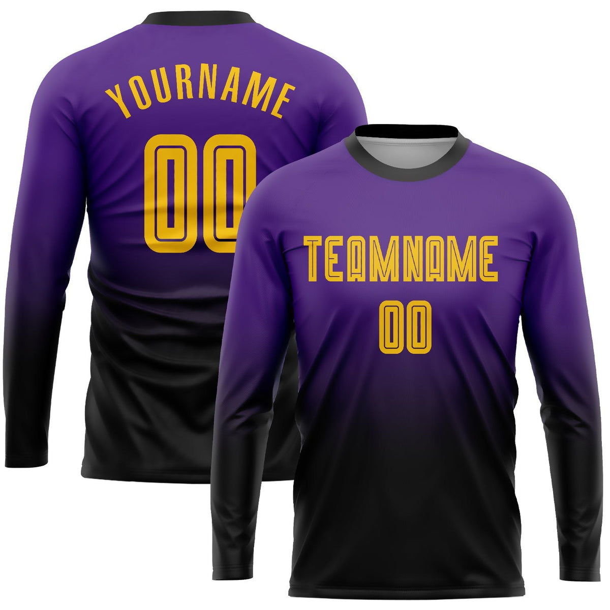 Custom Purple Gold-Black Sublimation Long Sleeve Fade Fashion Soccer Uniform Jersey photo 1