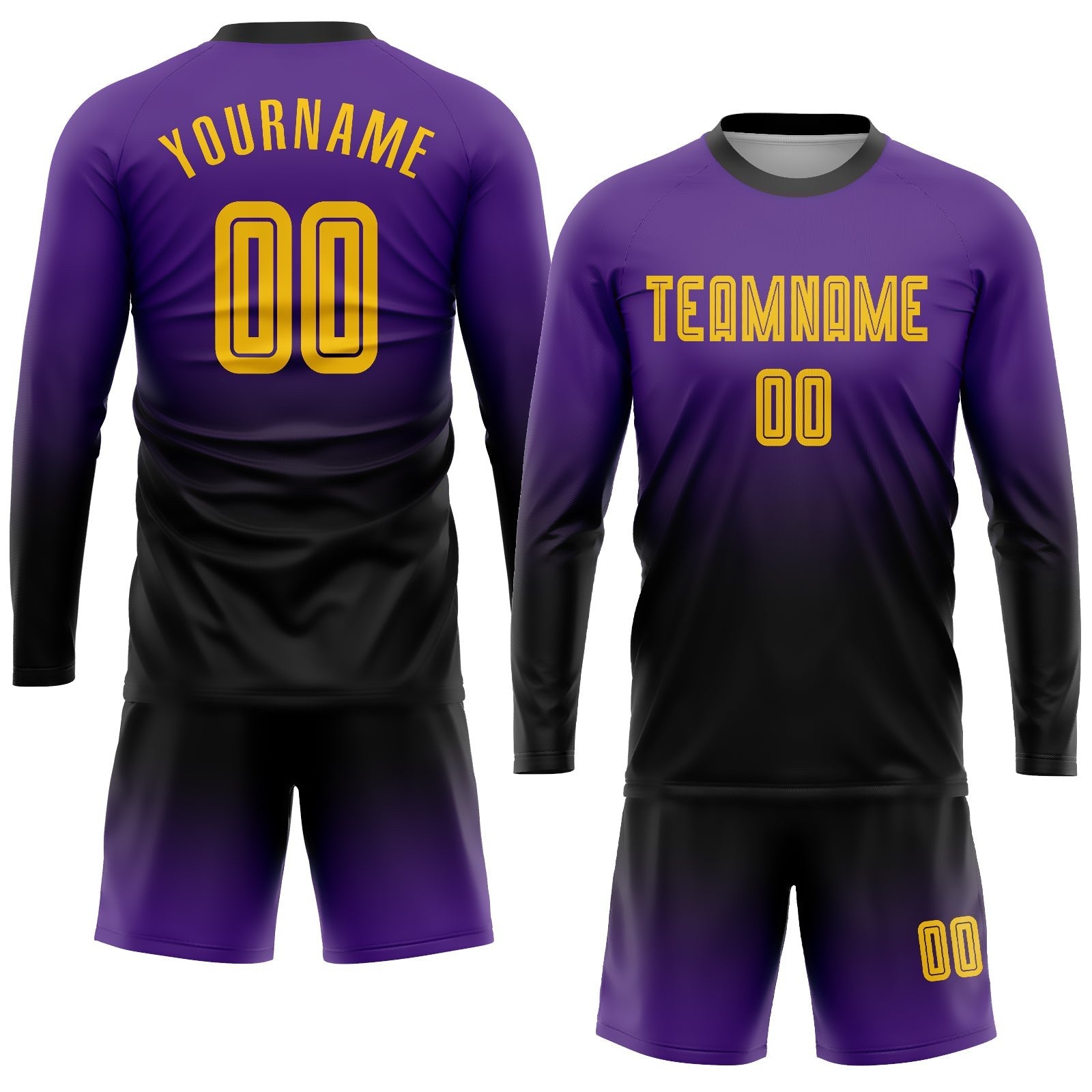 Custom Purple Gold-Black Sublimation Long Sleeve Fade Fashion Soccer Uniform Jersey photo 2