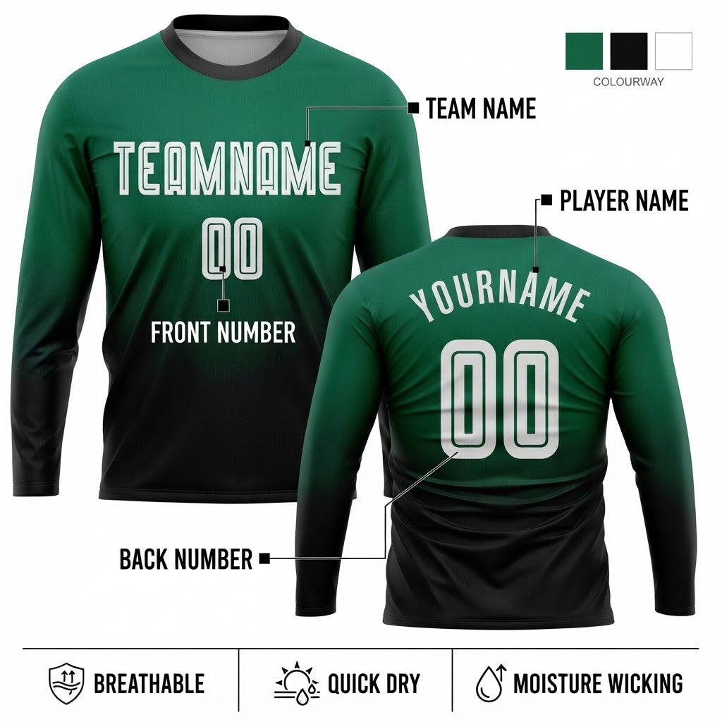 Custom Kelly Green Fade Long Sleeve Sublimated Soccer Jersey with White and Black Lettering customization guide