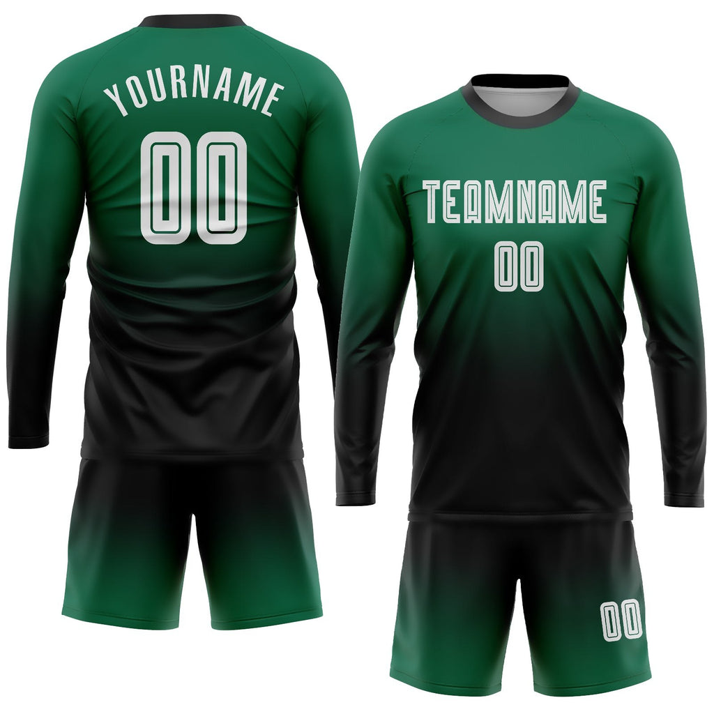 Custom Kelly Green White-Black Sublimation Long Sleeve Fade Fashion Soccer Uniform Jersey photo 2