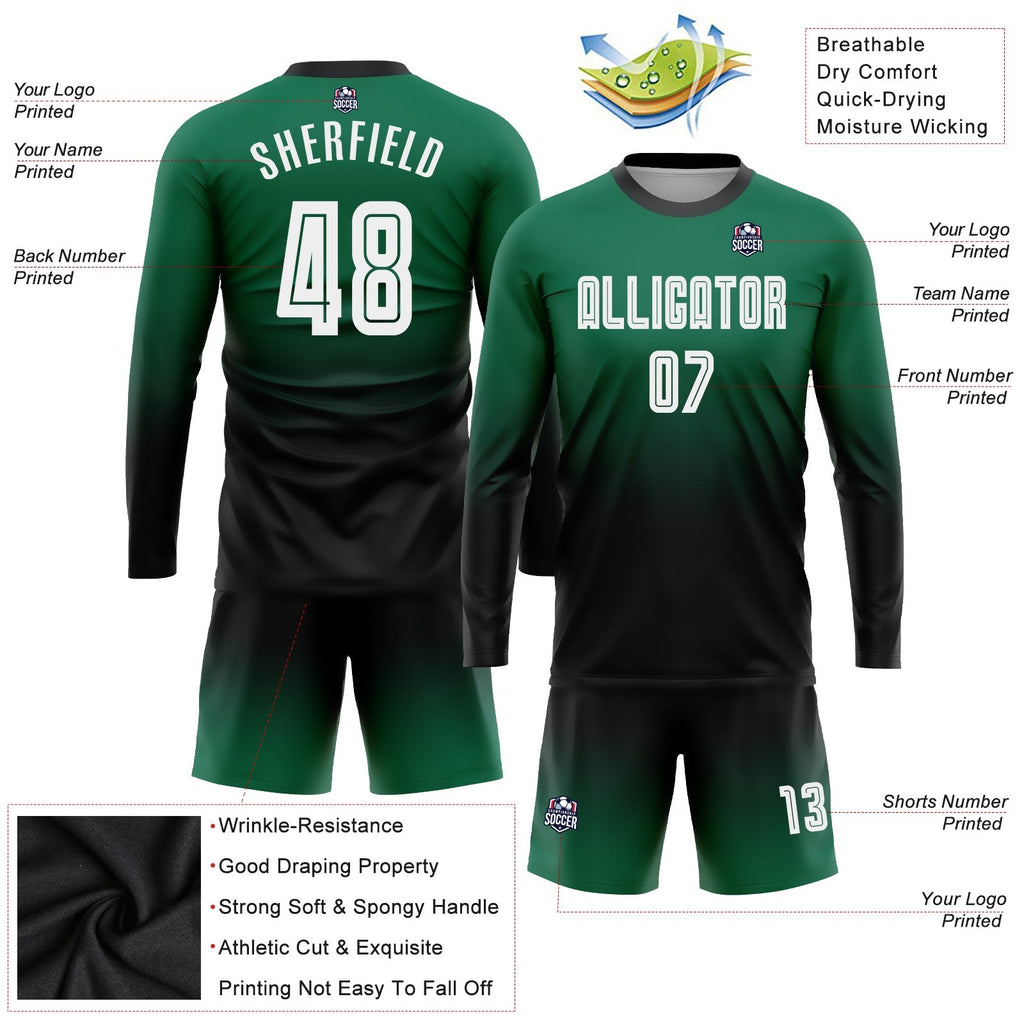Custom Kelly Green White-Black Sublimation Long Sleeve Fade Fashion Soccer Uniform Jersey photo 3