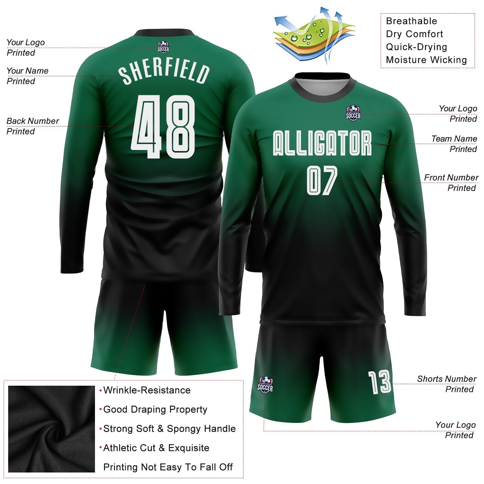 Custom Kelly Green White-Black Sublimation Long Sleeve Fade Fashion Soccer Uniform Jersey photo 3