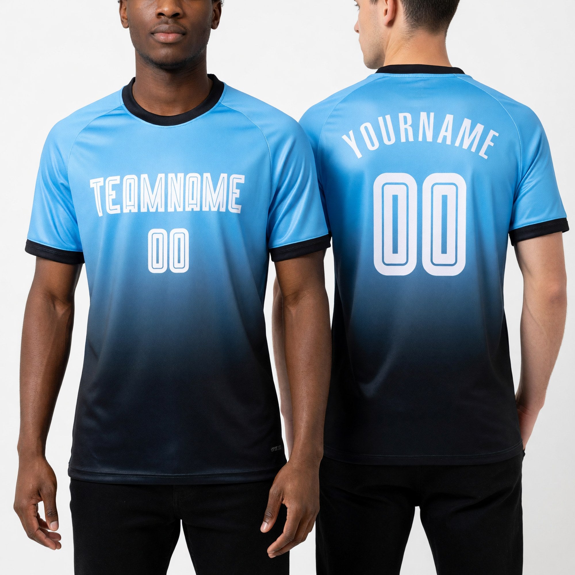 Custom Light Blue White-Black Sublimation Long Sleeve Fade Fashion Soccer Uniform Jersey worn front and back