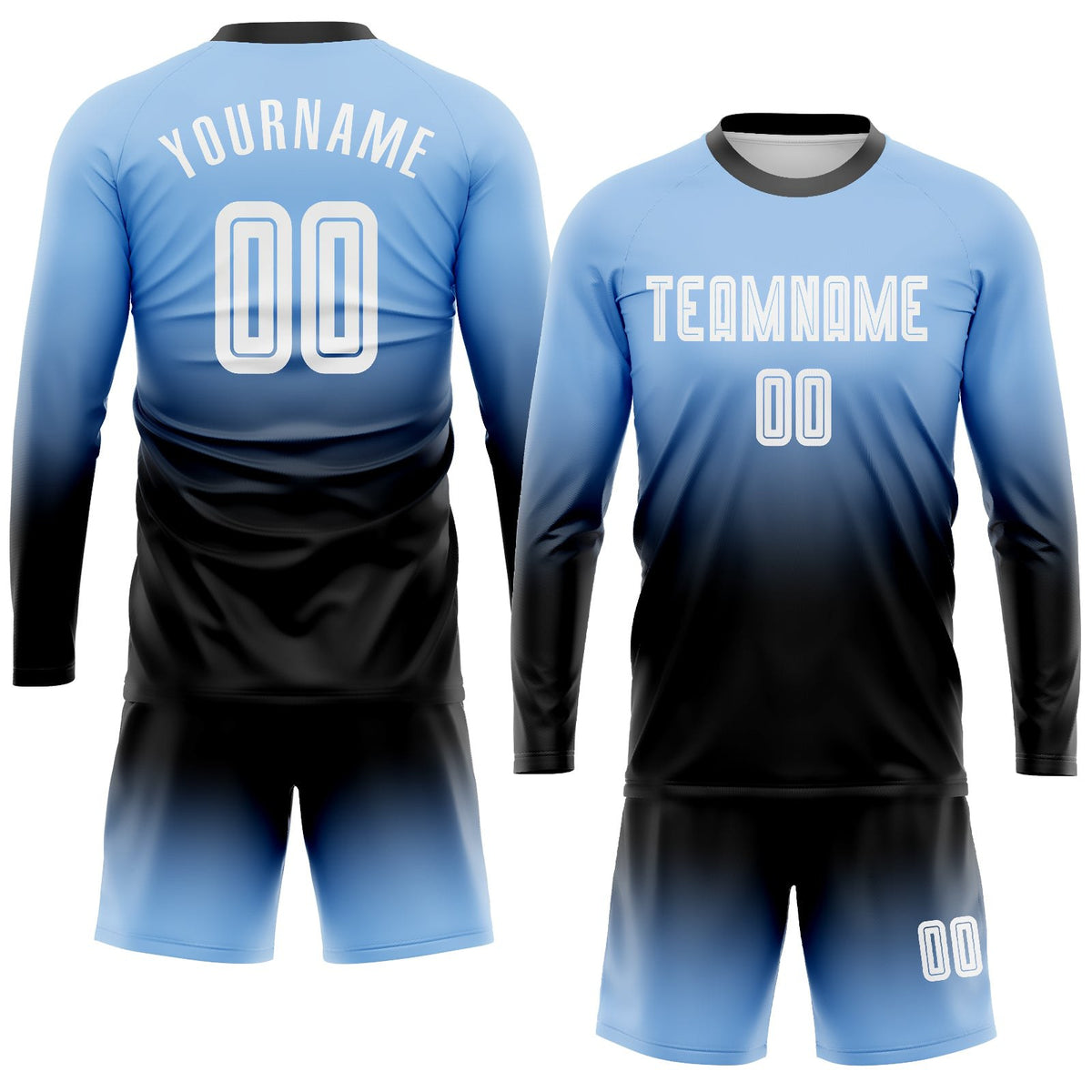 Custom Light Blue White-Black Sublimation Long Sleeve Fade Fashion Soccer Uniform Jersey photo 2