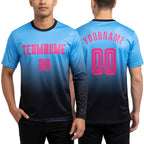 Custom Light Blue Pink-Black Sublimation Long Sleeve Fade Fashion Soccer Uniform Jersey worn front and back