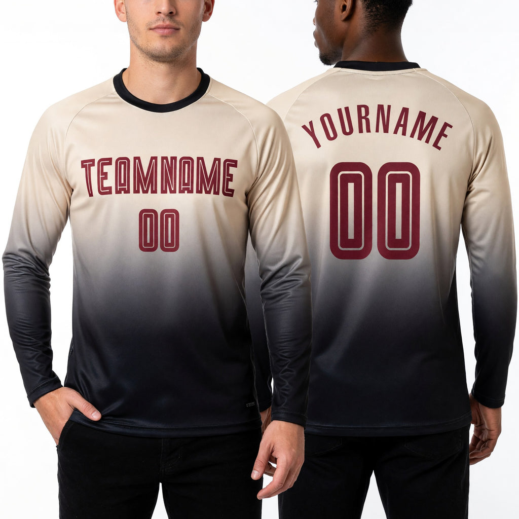 Custom Cream Crimson-Black Sublimation Long Sleeve Fade Fashion Soccer Uniform Jersey worn front and back