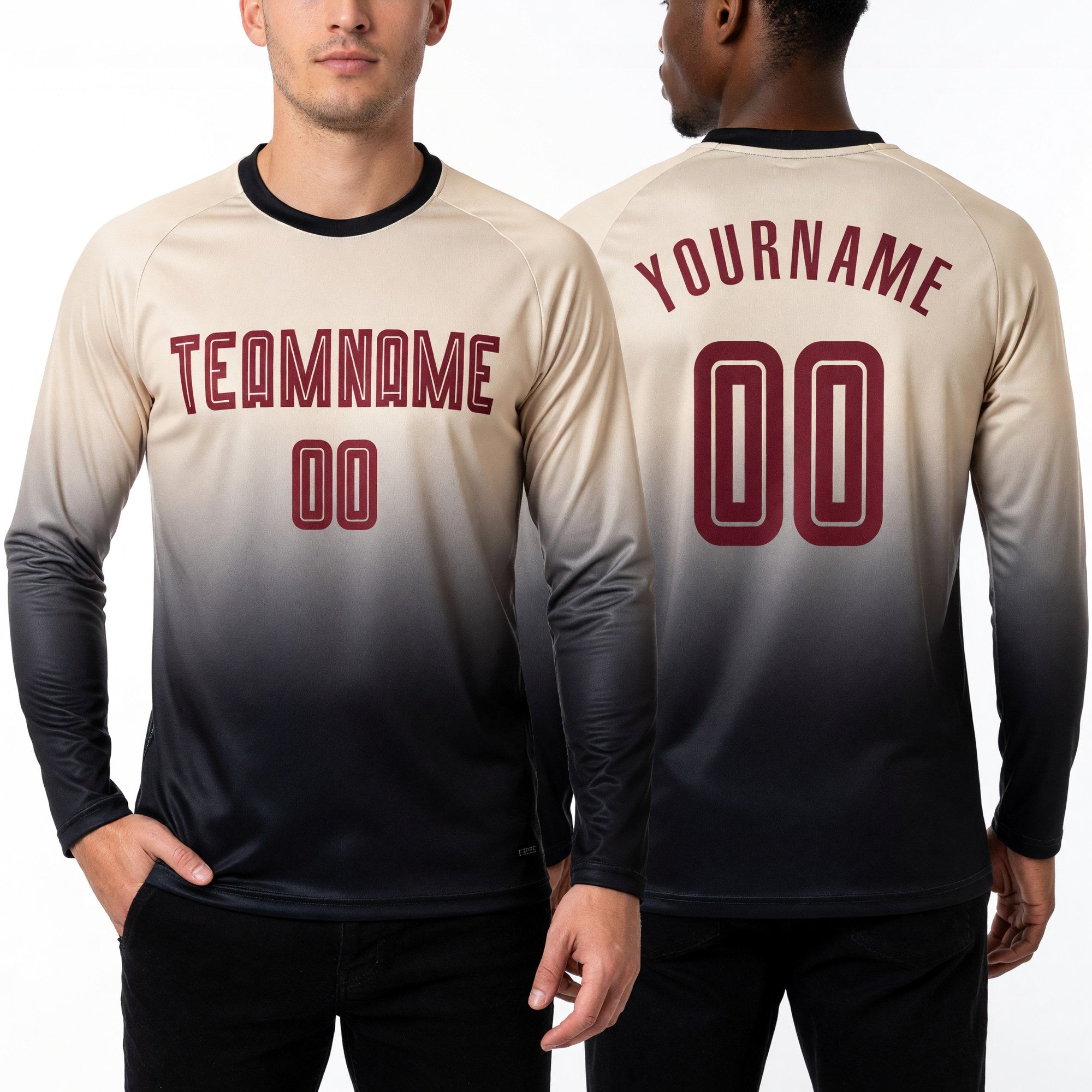 Custom Cream Crimson-Black Sublimation Long Sleeve Fade Fashion Soccer Uniform Jersey worn front and back